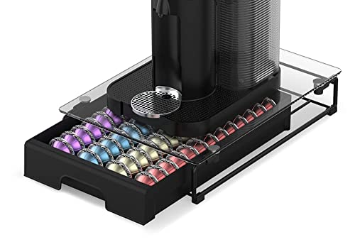 EVERIE Crystal Tempered Glass Organizer Drawer Holder Compatible with Nespresso Vertuo Capsules, Compatible with 40 Big or 52 Small Vertuoline Pods, 12” Wide by 16.5” Deep by 3.5” High