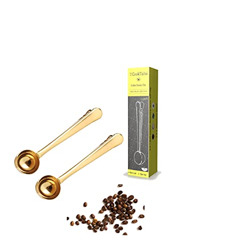 CookTaitai Coffee Scoop, Stainless Steel Golden Coffee Measuring Spoon, Long Handle Scooper with Bag Clip for Ground Coffee, Tea, Protein Powder, Instant Drinks More -2 Pack-Gold