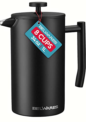 Belwares French Press Coffee Maker – Double Wall 304 Stainless Steel – 4 Level Filtration System with 2 Extra Filters, 34oz, 1L