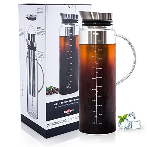 Aquach Cold Brew Coffee Iced Tea Maker & Fruit Pitcher – Large Capacity 68 Ounces – with Durable Glass Carafe / Fine Mesh Steel Infuser / Airtight Lid