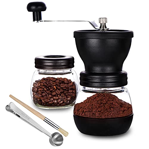 PARACITY Coffee Grinder Manual Burr with 2 Glass Jars(11oz Each), Hand Bean Coffee Grinder Mill with Ceramic Burr, Hand Crank/Handheld Coffee Grinder Small Portable with Brush/Spoon for Camping