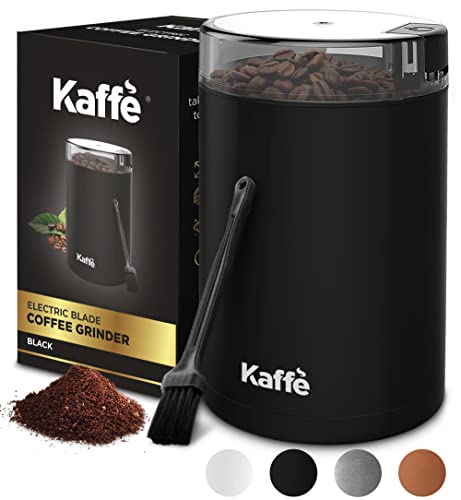 Kaffe Coffee Grinder Electric – Spice Grinder w/Cleaning Brush, Easy On/Off – Perfect for Espresso, Herbs, Spices, Nuts, Grain – 3.5oz / 14 Cup. Black
