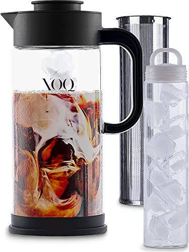 XOQ Cold Brew Coffee Maker + Chiller Kit + 50oz/1.5L Glass Cold Brew Maker – Iced Coffee Maker & Ice Tea Maker – Large Iced Coffee Pitcher for Fridge with Removable Stainless Steel Brewer Filter