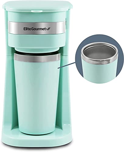 Elite Gourmet EHC113M Personal Single-Serve Compact Coffee Maker Brewer Includes 14Oz. Stainless Steel Interior Thermal Travel Mug, Compatible with Coffee Grounds, Reusable Filter, Mint