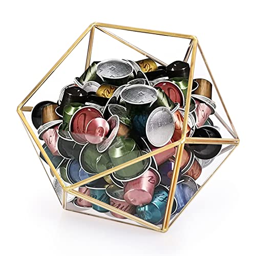 ELLDOO Gold Glass Coffee Pods Holder, 15 Sided Geometric Box Coffee Pod Organizer for K Cup Espresso, Tea Bags Sugar Packets Coffee Capsule Storage Holder for Kitchen Coffee Bar Office Desktop Counter