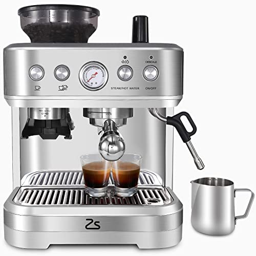 Zstar Espresso Machine with Milk Frother and Grinder, 15 Bar Automatic Espresso Coffee Machine All In One Coffee Maker with Italian ULKA Pump, 2.5L Water Tank, Brushed Stainless Steel for Home Office