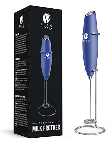 Bean Envy Handheld Milk Frother for Coffee – Electric Hand Blender, Mini Drink Mixer Whisk & Coffee Foamer Wand w/Stand for Lattes, Matcha and Hot Chocolate – Kitchen Gifts – Blue