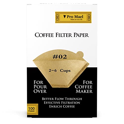 Pro Mael #2 Cone Coffee Filters Paper Disposable for Pour Over and Drip Coffee Maker 100 Count, Better Filtration No Blowouts Made from Unbleached Filter Paper Natural Brown