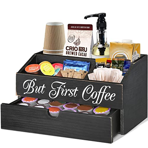 Coffee Station Organizer, Wood K Cup Coffee Pods Holder with Drawer, Countertop Coffee Bar Accessories Tea Bag Organizer, Coffee Bar Condiment Organizer for Coffee Bar Decor, Coffee Lovers Gift