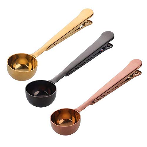 Coffee Scoop with Clip,2 in 1 Stainless Steel 1 tbsp Ground Measuring Spoon with Bag Clip for Coffee Tea (3, Black+Gold+Rose Gold)