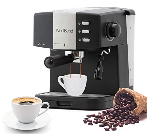 West Bend 55100 Machine 15 Bar Pressure Pump Espresso Coffee Latte and Cappuccino Maker with Dual Heating System, Black