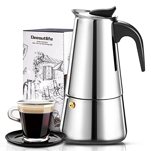 Deeoutlife Stovetop Espresso Maker Moka Pot – 200ml/4 Cup Percolator Italian Coffee Machine Maker, Stainless Steel Espresso Pot Full Bodied Coffee Stove Top Classic Cafe Maker