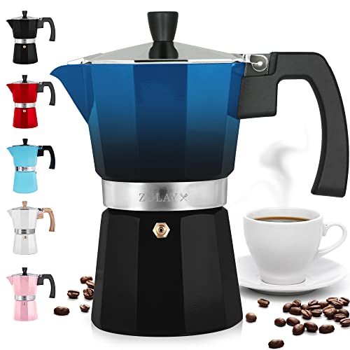 Zulay Classic Italian Style 5.5 Espresso Cup Moka Pot, Classic Stovetop Espresso Maker for Great Flavored Strong Espresso, Makes Delicious Coffee, Easy to Operate & Quick Cleanup Pot (Blue/Black)