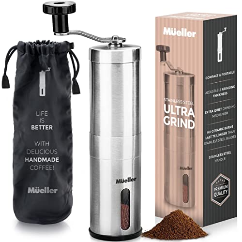 Mueller Manual Coffee Grinder for French Press/Turkish – Strongest and Heaviest Duty, Whole Bean Conical Burr Mill, Hand Size, Brushed Stainless Steel