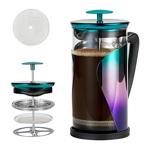 French Press Coffee Maker (34 oz)- Stainless Steel lid – 3 Level Filtration System with 1 Extra Filter,Heat Resistant Thickened Borosilicate Glass,No Coffee Grounds,Dishwasher Safe (Green)