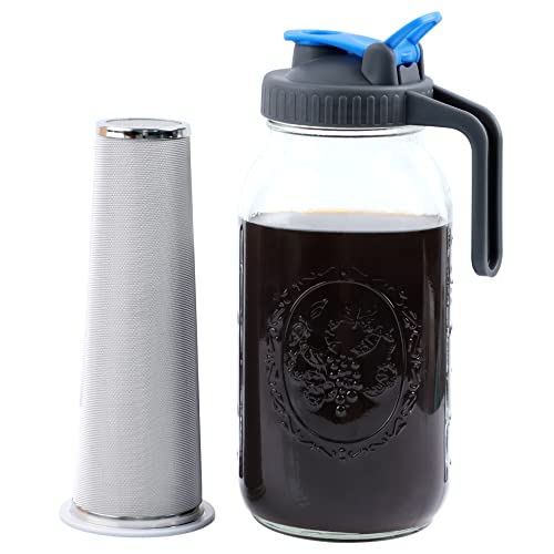 Cold Brew Coffee Maker Mason Jar Pitcher 64 Oz (2 Quart) Wide Mouth Mason cold Iced coffee maker With Pour Spout and Handle For Cold Coffee Iced Tea Lemonade With Filter, Airtight & Leak-Proof