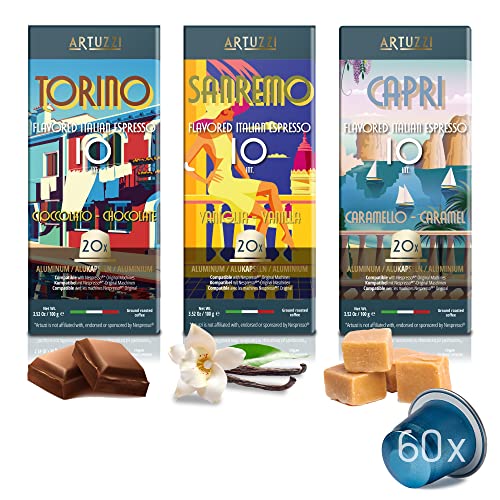 Artuzzi 60ct Italian Espresso | Classic Flavored Pods Caramel, Chocolate, Vanilla For Original Nespresso Compatible Pod Machines | 100% Aluminum Capsules & Recyclable