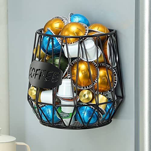 KEGII Magnetic Coffee Pod Holder, Wall Mount Large K Cup Keurig Pod Organizer for Nespresso Vertuo Capsules, Coffee Basket Coffee Bar Accessories Decor Storage Black Coffee Station