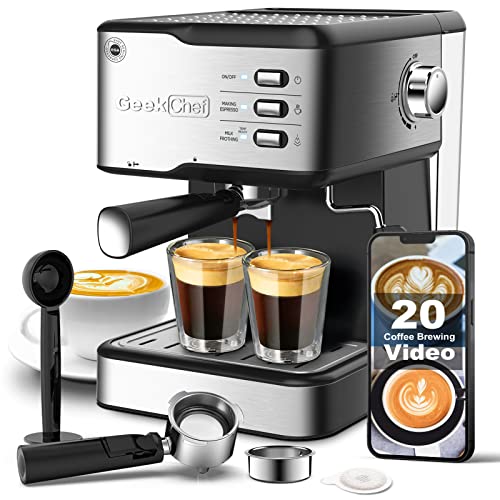 Geek Chef Espresso Machine Coffee Machine 20 Bar Pump Cappuccino latte Maker with ESE POD filter&Milk Frother Steam Wand, 1.5L Water Tank, for Home Barista, Stainless steel 950W
