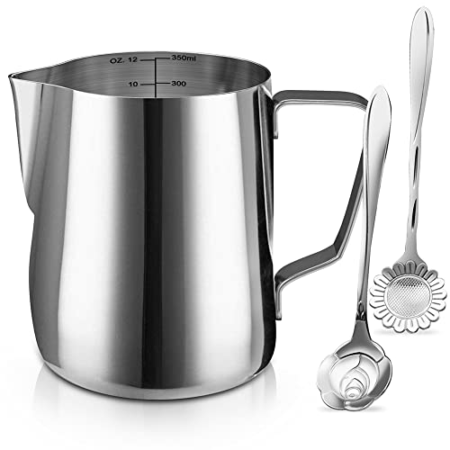 Milk Frothing Pitcher Jug – 12oz/350ML Stainless Steel Coffee Tools Cup – Suitable for Espresso, Latte Art and Frothing Milk, Attached Dessert Coffee Spoons