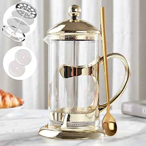 DUJUST Gold French Press Coffee Maker, Luxury Design French Coffee Press with 4-Level Filter System, High-Grade Glass for Hot & Cold Resistance, Include Long Size 304 Stainless Steel Spoon – 34oz