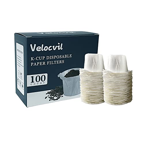 Velocvil Disposable Paper K Cup Filters, 100 Counts Coffee Filters Compatible with All Keurig Brewers Single Serve Reusable Pods