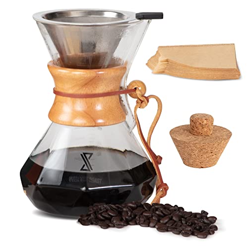 Glass Pour Over Coffee Maker Set – 20oz Borosilicate Carafe, Reusable Stainless Steel Filter and 40 Paper Filters – Modern Wooden Collar and Cork Stopper – Pour-Over Coffee Pot, Gravity Dripper