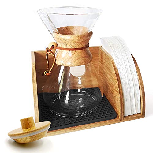 HEXNUB – Caddy and Lid for Chemex Coffee Makers, Bamboo Stand fits Collar Handle Chemex, Bodum, Coffee Gator Carafes, Heatproof Silicone Mat, Filter Holder Ideal for Pour Over Coffee Brewing – Black