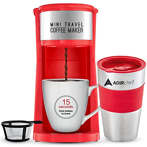 AdirChef Single Serve Mini Travel Coffee Maker & 15 oz. Travel Mug Coffee Tumbler & Reusable Filter for Home, Office, Camping, Portable Small and Compact (Red)