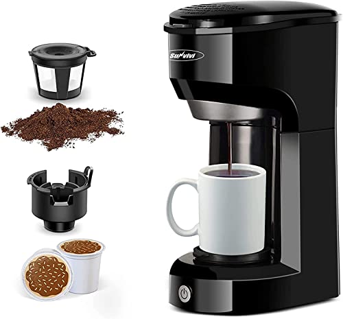 Sunvivi Single Serve Coffee Maker for Single Cup Pods & Ground Coffee, 2 in 1 Single Serve Coffee Brewer With Permanent Filter,One-touch Control Button with Illumination (Black) ETL Certified