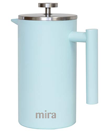 MIRA 34 oz Stainless Steel French Press Coffee Maker with 3 Extra Filters | Double Walled Insulated Coffee & Tea Brewer Pot & Maker | Keeps Brewed Coffee or Tea Hot | 1000 ml (Pearl Blue)