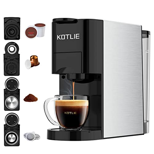 KOTLIE Latest Single Serve Coffee Maker,4in1 Nespresso Machine for K-Cup/Nespresso Original/Ground/ESE Capsule Pod Coffee Maker,3 Pods,2 Bowl,2oz to 10oz Cup, 28oz Removable Water Tank,19 Bar,1450W