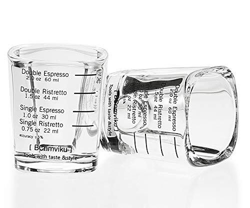 BCnmviku Espresso Shot Glasses Measuring Cup Liquid Heavy Glass for Baristas 2oz for Single Shot of Ristrettos (2 pack)