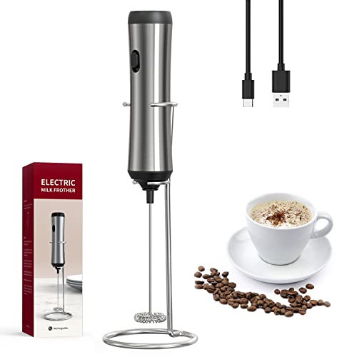 KIEKRO Milk Frother Handheld, Coffee Frother Handheld, Drink Mixer Rechargeable TYPE-C, Electric milk frother handheld with bracket, Mini Mixer Wand Wall Mount for Matcha, Stainless Steel Silver