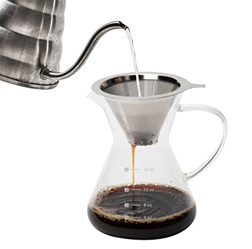 Mind Reader 16 oz Pour Over Coffee Maker with Reusable Stainless Steel Drip Filter and Elegant Heat Resistant Dripper Glass Carafe, Clear