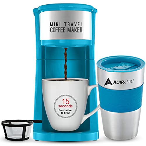 AdirChef Mini Coffee Maker – Single Serve Coffee Maker, 15 oz. Travel Coffee Mug Coffee Tumbler & Reusable Coffee Filters – Ideal for Home, Office, Outdoor & More – Blue