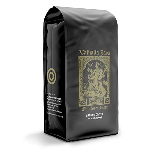 Death Wish Coffee Valhalla Java Dark Roast Grounds, 12 Oz, Extra Kick of Caffeine, Bold & Intense Blend of Arabica Robusta Beans, USDA Organic Ground Coffee, Powerful Coffee for Morning Boost