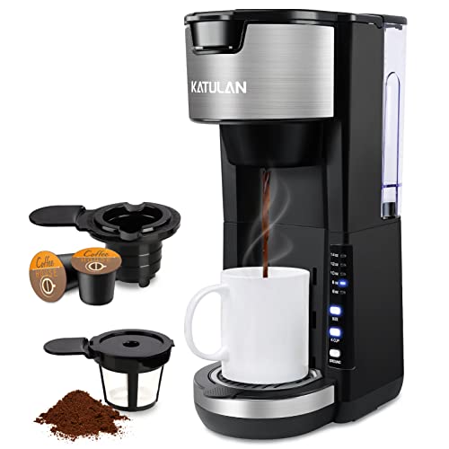 Single Serve Coffee Maker K Cup & Ground Coffee, One Cup Coffee Maker Brews 6-14 Oz in 2 Mins, Pod Coffee Maker Fits Travel Mugs, with 30 Oz Removable Water Tank, Reuseable Filter, Black