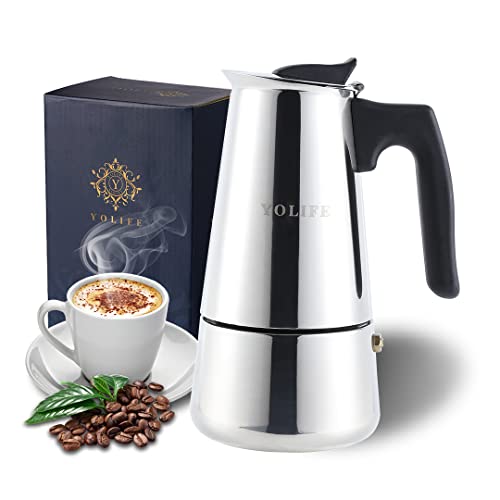 YOLIFE Mini Stovetop Espresso Maker, Small Italian Moka Pot, Cafe Maker for Coffee, Cappuccino and Latte, Stainless Steel, 200 ml / 7 oz/ 4 Cups (espresso cup= 50 ml)