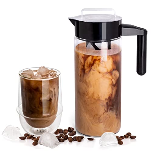 Mixpresso Cold Brew Maker For Iced Coffee and Iced Tea, 44 oz Cold Coffee Maker Glass Pitcher, Tea Infuser For Loose Leaf Tea, Large Iced Coffee Maker (Black)