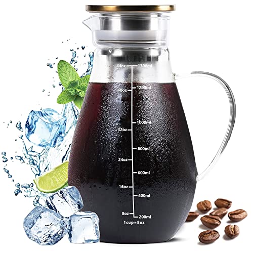 DUJUST Cold Brew Coffee Maker (44oz), Glass Iced Coffee Maker with Double Silicone Seals, 304 Stainless Steel Filter, Thick Glass Cold Brew Pitcher, Large Spout Easy to Pour, BPA-Free & Lead-Free