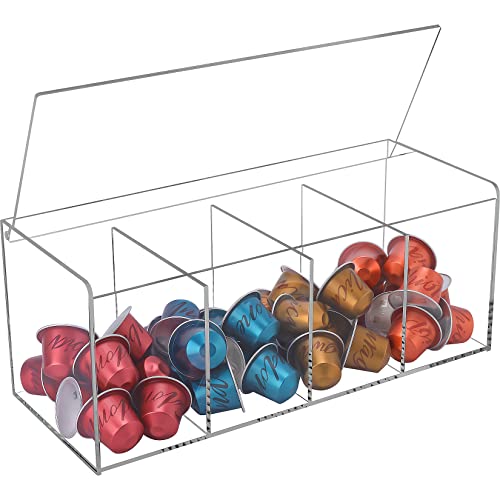 XBELMBER Coffee Pod Holder, Organizer for K Cup, Storage for Coffee Station Counter, Compatible with Nespresso Capsule& Keurig Pods, Coffee Bar Accessories, Acrylic 4 Compartment with Lid – Clear