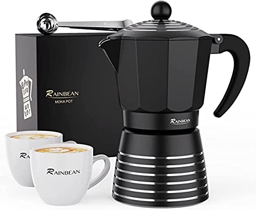 RAINBEAN Stovetop Espresso Maker 6 Cup/300ml, Aluminum Moka Pot Gift Set, Italian Cuban Greca Coffee, Easy to Use & Clean – Set Including 2 Cups, Spoon (Black, Perfect Gifts for Coffee Lovers)