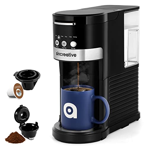 Sincreative Single Serve Coffee Maker, 2 in 1 Single Cup Coffee Makers for K Cup pod or Ground Coffee, Compact Coffee Machine with Strong Brew Button, 6 to 14oz Brew Sizes, Gifts for Mom Dad Women Men