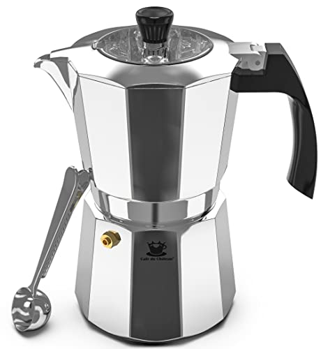 Cafe Du Chateau Espresso Maker (6 cup) Transparent Top Lid, High Gloss Finish, with Coffee Clip Spoon – Coffee Percolator