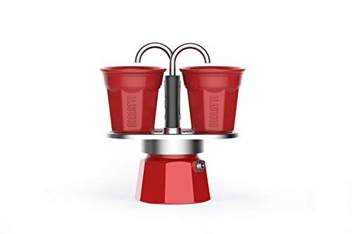 Bialetti – Mini Express Color: Moka Set includes Coffee Maker 2-Cup (2.8 Oz) + 2 shot glasses, Red, Aluminium
