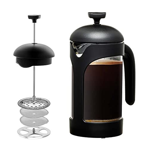 OVENTE French Press Coffee, Tea and Espresso Maker, Heat Resistant Borosilicate Glass with 4 Filter Stainless-Steel System, BPA-Free Portable Pitcher Perfect for Hot & Cold Brew 20oz, Black FPB20B