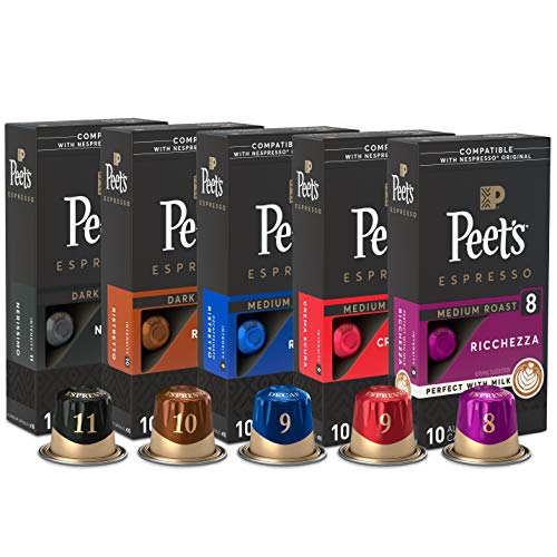 Peet’s Coffee, Espresso Coffee Pods Variety Pack, Dark, Medium & Decaf Roasts, Compatible with Nespresso Original Machine, Intensity 8-10, 50 Count (5 Boxes of 10 Espresso Capsules)