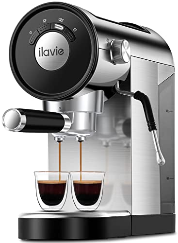 ILAVIE Espresso Coffee Machine with Steamer, 20 Bar Espresso Maker with Milk Frother Steam Wand, Espresso and Cappuccino Maker, Easy to Use at Home, Stainless steel, 1250W