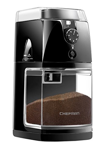 Chefman Coffee Grinder Electric Burr Mill – Freshly Grinds Up to 2.8oz Beans, Large Hopper with 17 Grinding Options for 2-12 Cups, Easy One Touch Operation, Cleaning Brush Included, Black